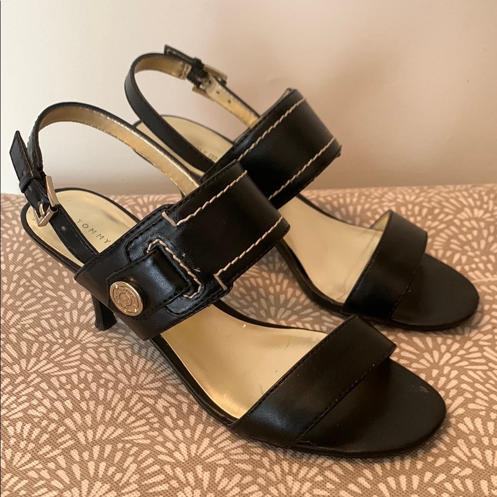 Tommy Hilfiger “Alexia” Black Heels with Glossy Finish and Ankle Strap Size 6